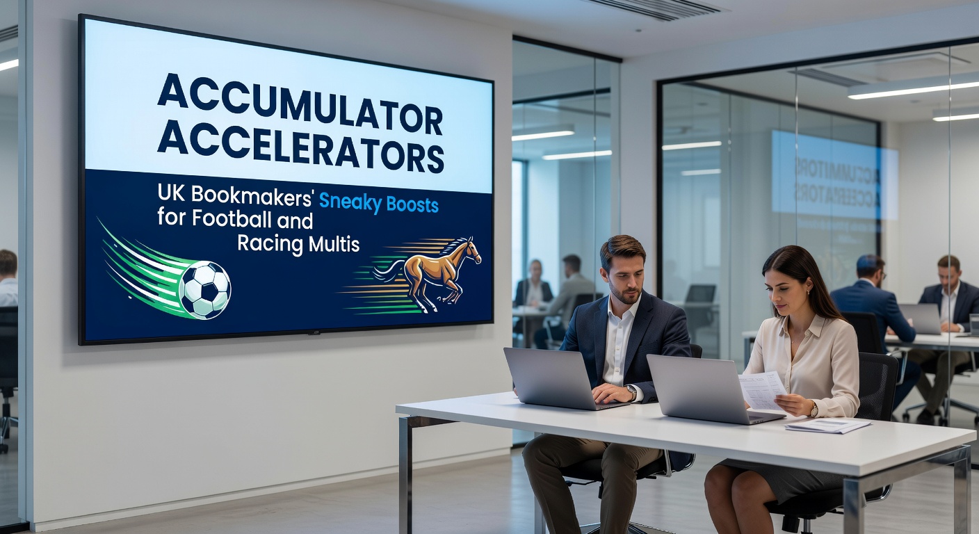 Dynamic image of a horse racing accumulator bet slip with accelerator icons boosting payouts on multiple races, overlaid with football multis for comparison