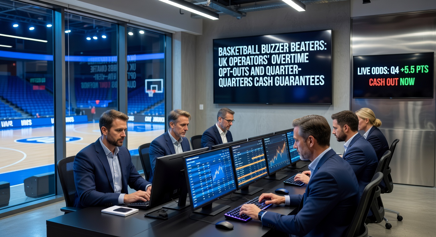 UK bookmaker app screen showing quarter-by-quarter basketball betting guarantees and overtime refund options