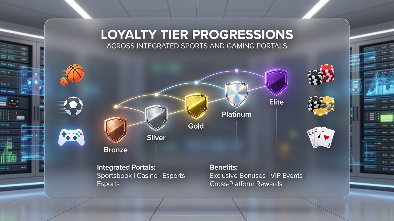 Detailed loyalty progression flowchart showing tier benefits across sports betting and casino gaming sections