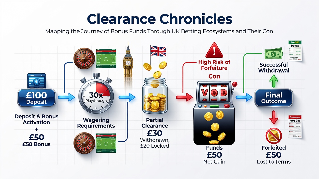 Flowchart illustrating bonus fund conversion stages including wagering, cross-product movement, and final cashout approval