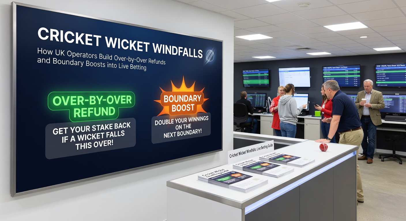 Cricket ground view during a Test match with live betting overlays highlighting boundary boost and wicket refund indicators