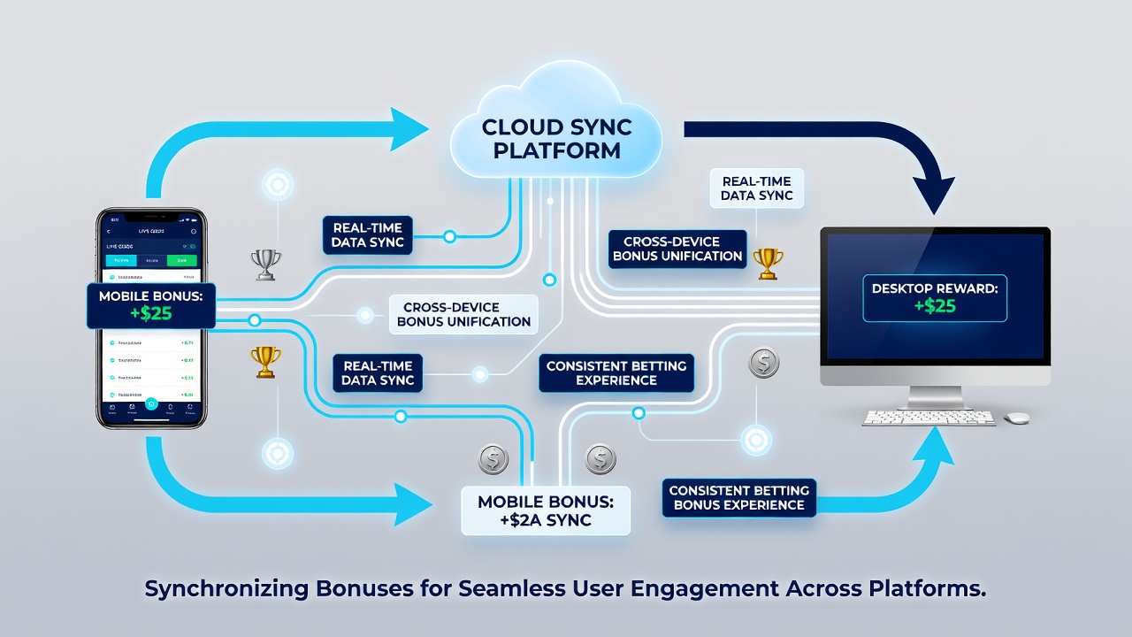 Secure data synchronization diagram illustrating mobile and desktop bonus alignment in betting platforms