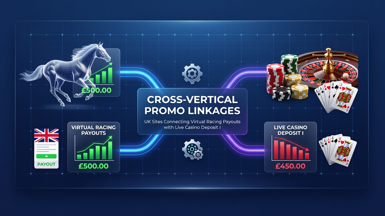 Split screen view of virtual racing results feeding into live casino deposit bonus activation on a UK operator site