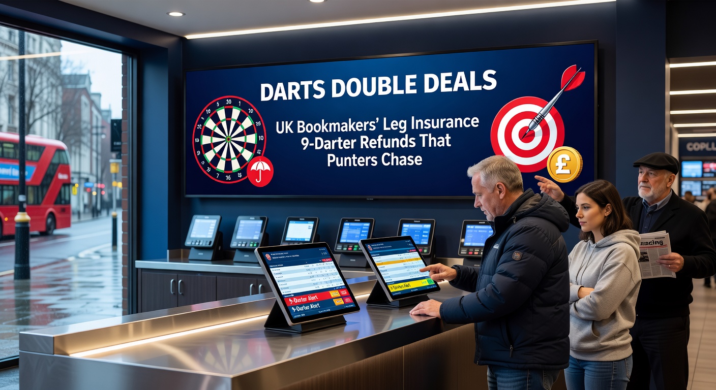 Crowd at a PDC darts event cheering a near-perfect leg, with bookmakers' promotions flashing on screens for leg insurance and 9-darter refunds