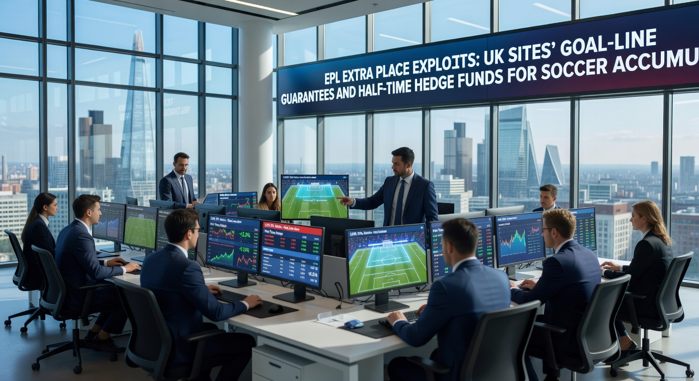 Close-up of a soccer goal-line moment with EPL players scrambling, digital graphics showing guarantee promo badges and accumulator trackers
