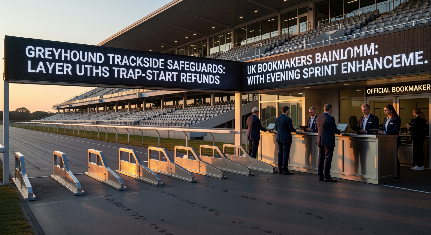 Greyhound sprint race in progress under floodlights with bettors reviewing mobile apps