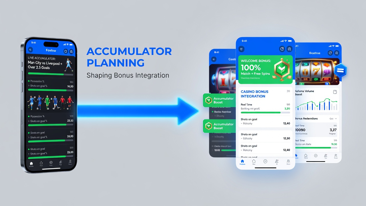 Mobile app screenshot illustrating accumulator progress bar feeding into casino bonus section