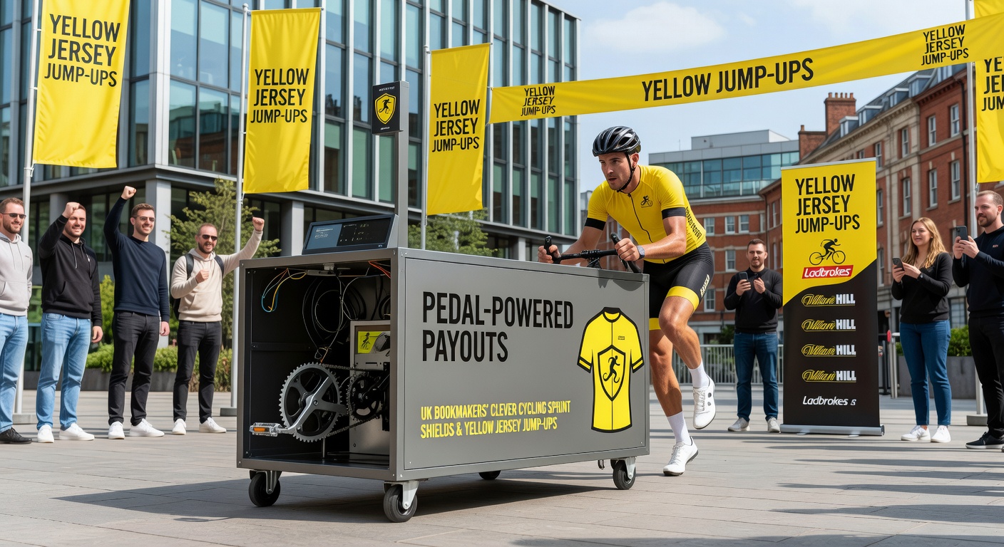 A cyclist in the yellow jersey leading a mountain breakaway, surrounded by dramatic peloton chase in the Alps, highlighting bookmaker payout boosts