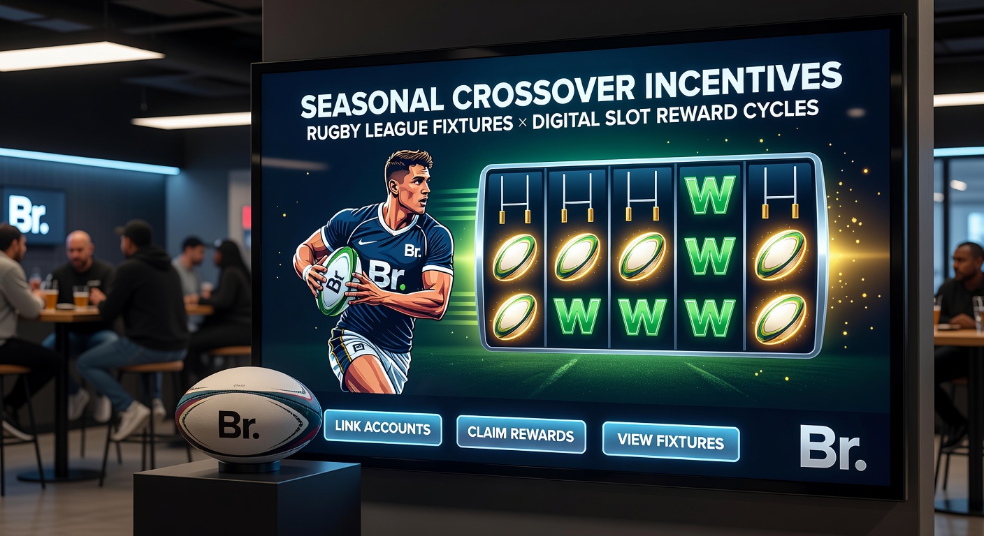 Digital slot game screen displaying rugby-themed symbols and reward cycle progress bars next to a schedule of upcoming league fixtures