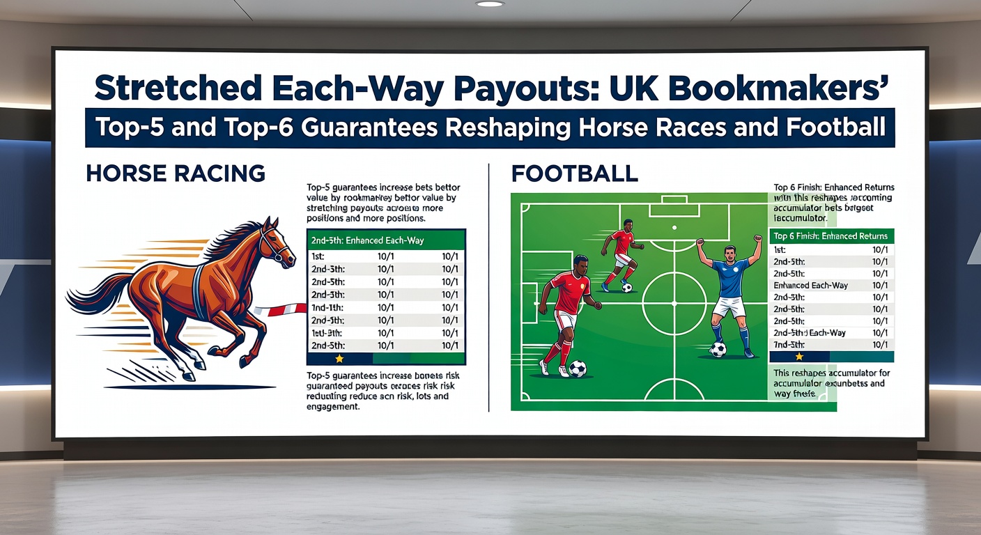 Football stadium packed with fans, screen showing goalscorer odds with enhanced each-way places highlighted, bookie logos flashing promotions
