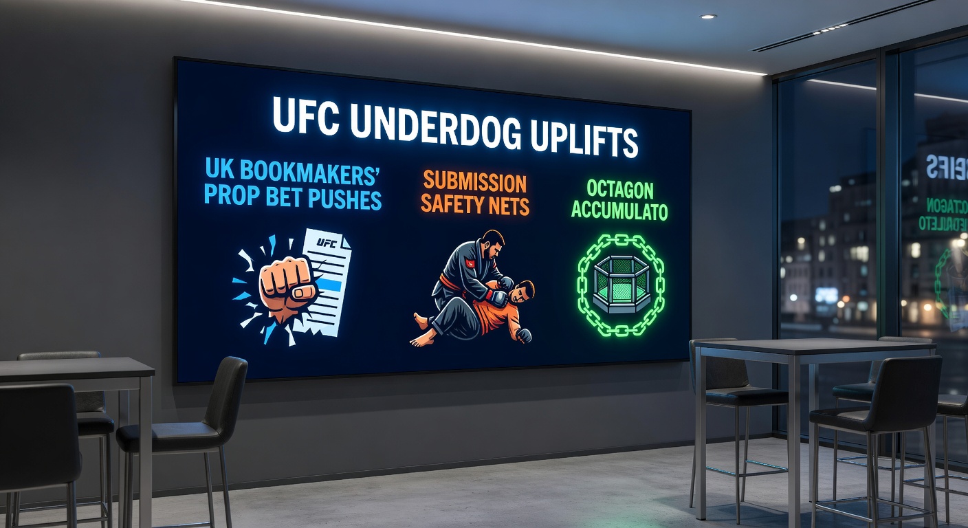 Close-up of a UFC submission hold with bookmaker promo graphics overlay showing safety net refunds and prop bet enhancements