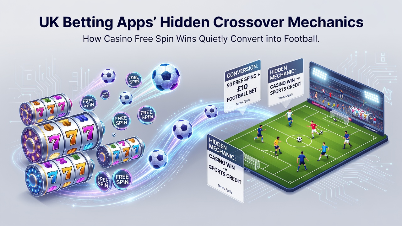 Split screen view of a UK betting app displaying converted casino winnings applied to a horse racing place market and a football accumulator