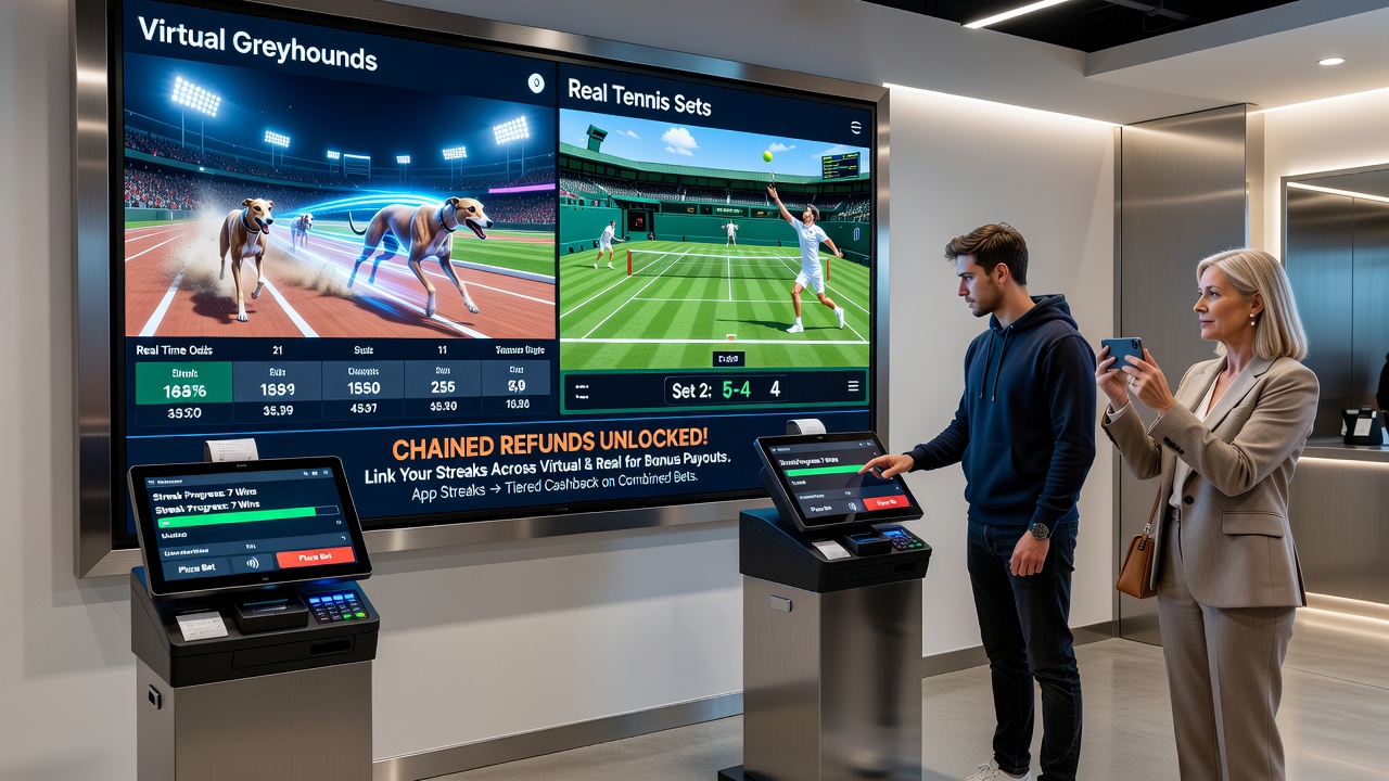 Tennis betting screen with chained refund indicators linked to app streak progress
