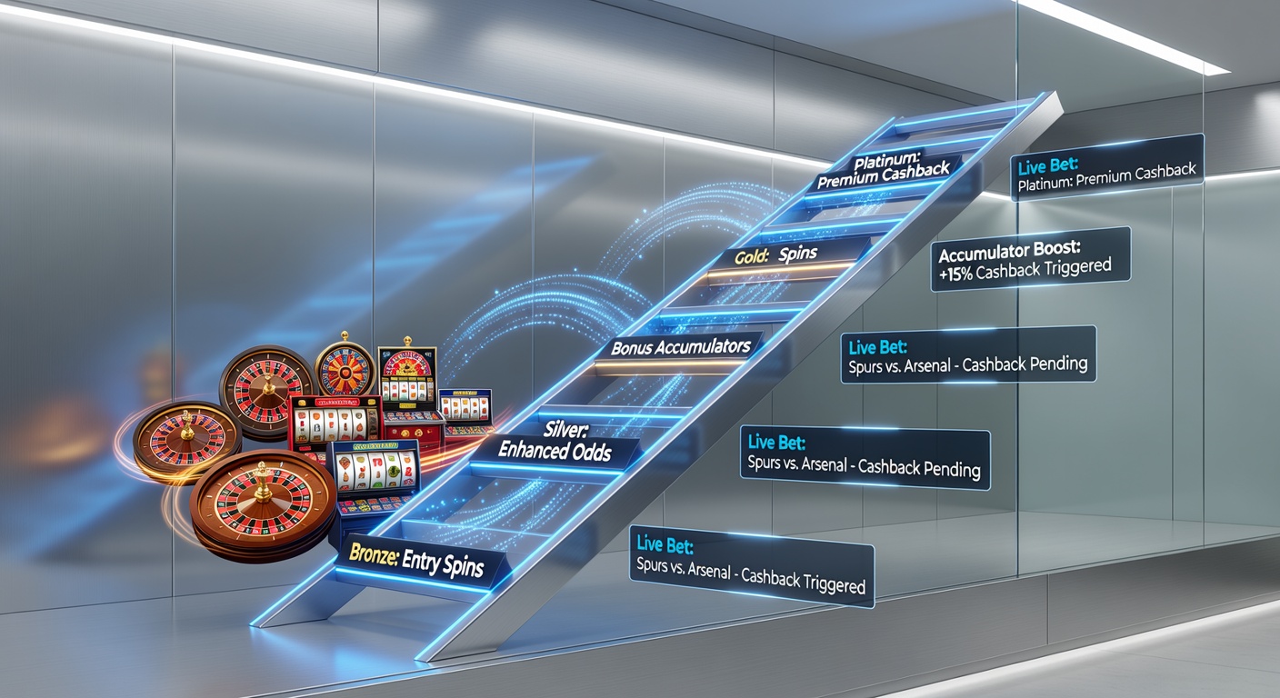 Live accumulator cashback interface showing tier-based rewards during an active football match