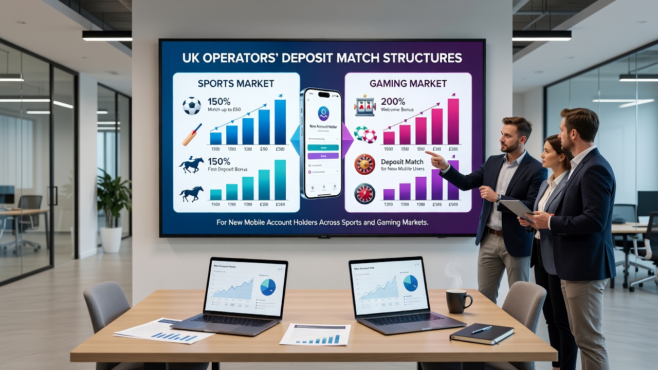 Split view of sports betting odds and casino game lobby on a UK mobile betting app with deposit match indicators