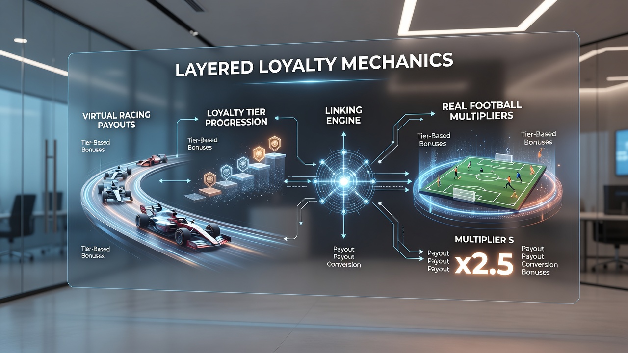 Visual representation of loyalty point flow from virtual racing simulations into football multiplier applications on UK betting platforms